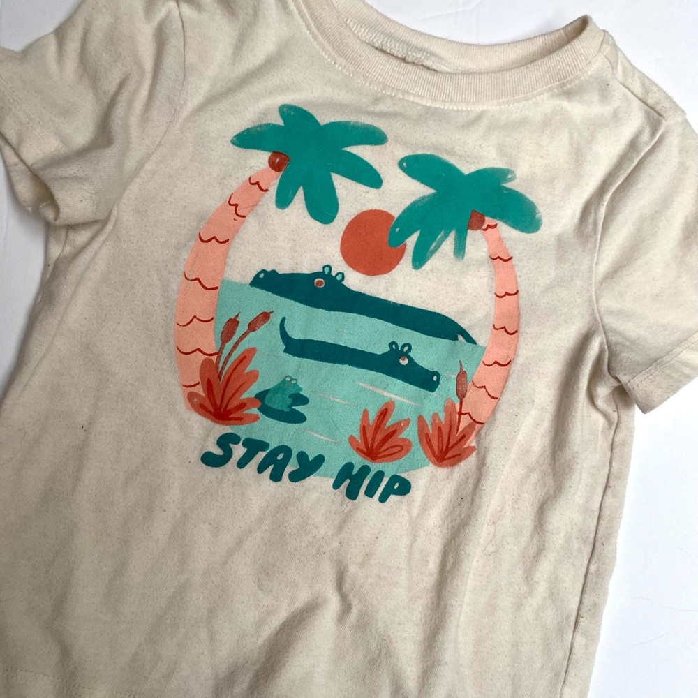 Old Navy Cream Tee with Teal & Coral Graphic
